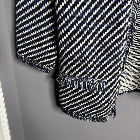 Preswick & Moore Blue and White Knit Open Cardigan Sweater Fringe Trim Size S - Picture 3 of 5